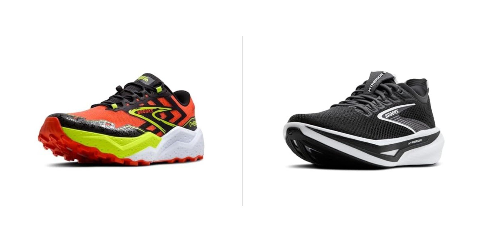 Brooks Caldera 7 trail shoe in Cherry Tomato next to Brooks Hyperion 3 road shoe in Black/Grey/White