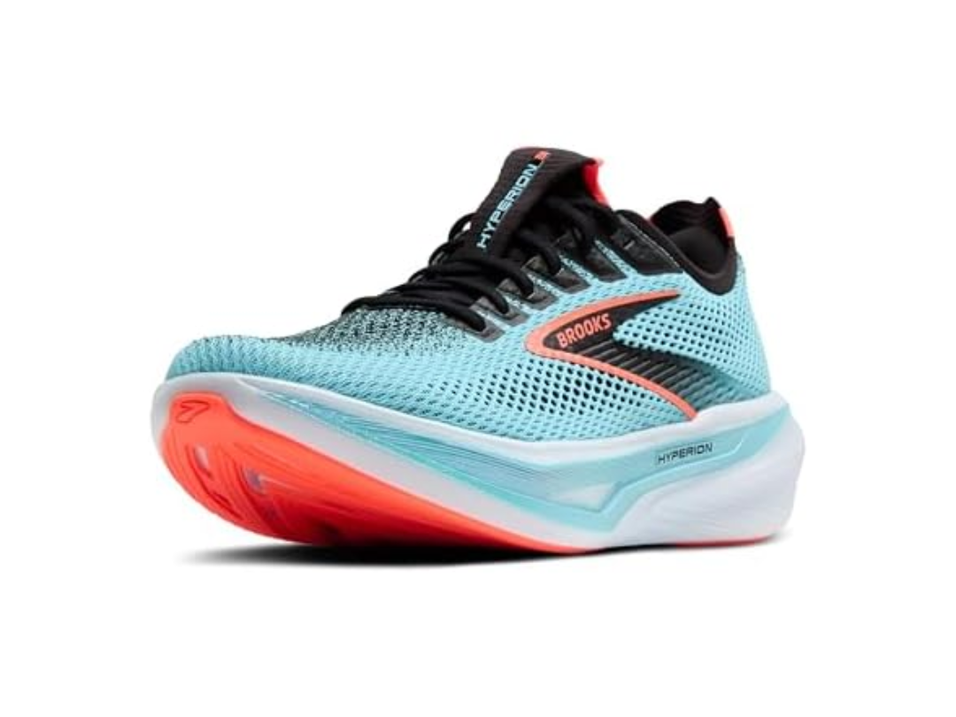 Brooks Hyperion 3 men's road running shoe in light aqua with a coral sole