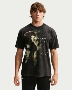 Nike Caitlin Clark Halloween t-shirt in washed black with spooky portrait graphic, front view