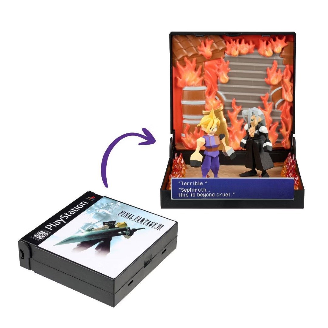 Console Heroes Final Fantasy VII Burning at Nibelheim diorama, closed case and open diorama