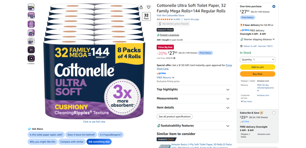 Amazon product page Cottonelle Ultra Soft Subscribe and Save $25.05 and one-time $27.83