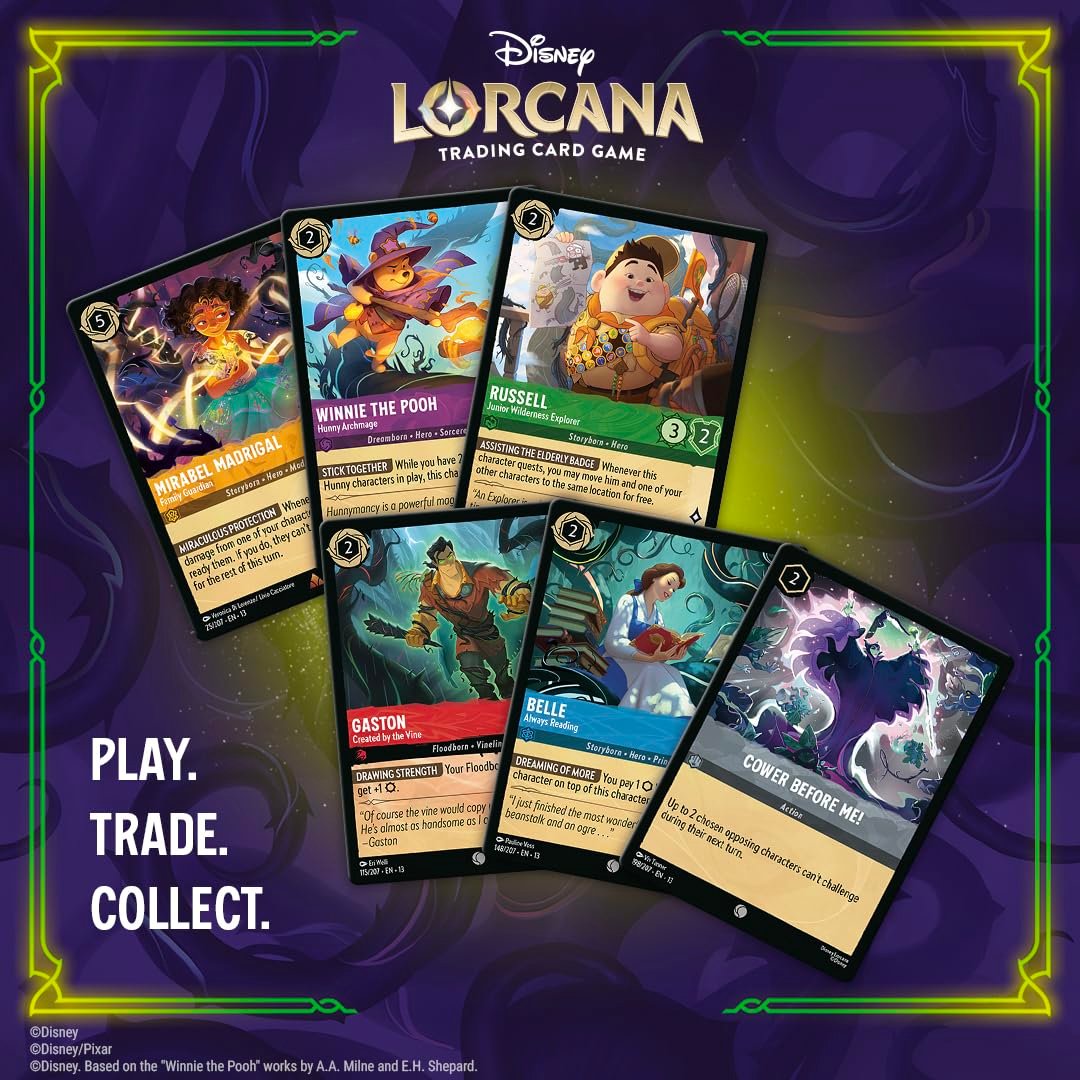 Disney Lorcana Illumineer's Quest The Great Hunny Rescue featured cards Winnie the Pooh, Mirabel, Russell, Gaston, Belle