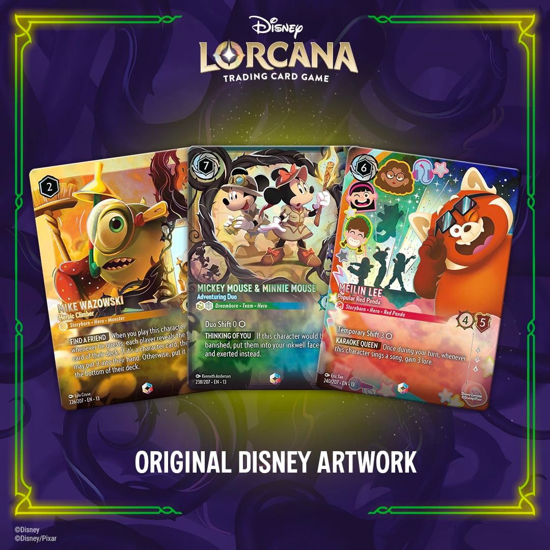 Disney Lorcana Illumineer's Quest The Great Hunny Rescue featured cards Mike Wazowski, Mickey and Minnie, Meilin Lee