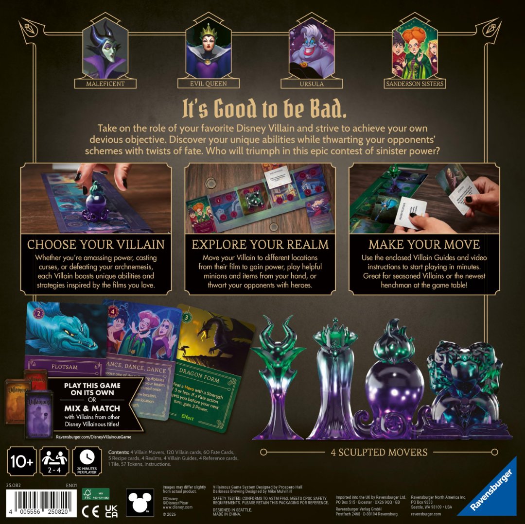 Back of the Disney Villainous Darkness Brewing box showing the four villains and contents