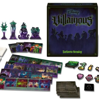 Disney Villainous Darkness Brewing box with Maleficent, Evil Queen, Ursula and Sanderson Sisters movers, boards, cards and tokens