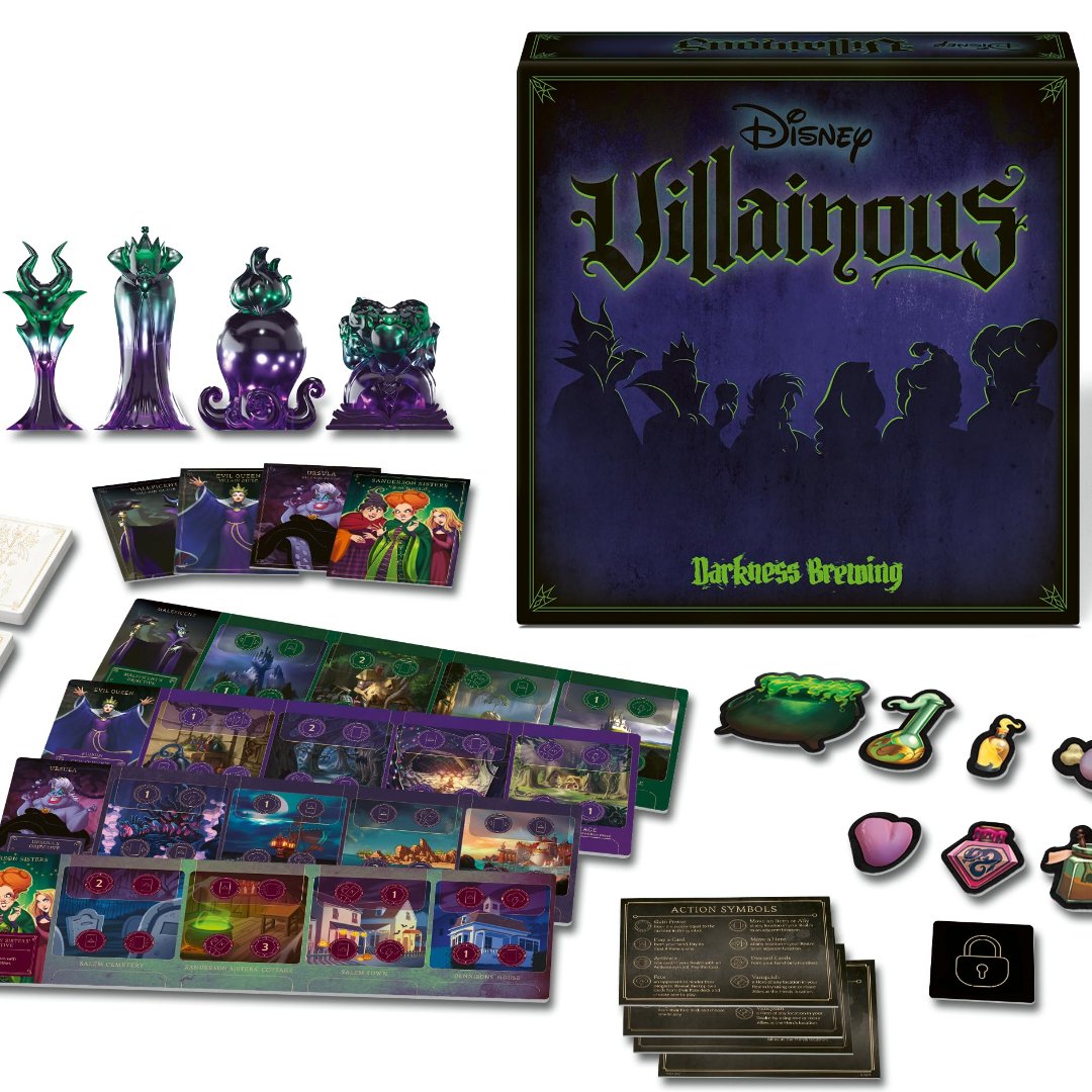 Disney Villainous Darkness Brewing box with Maleficent, Evil Queen, Ursula and Sanderson Sisters movers, boards, cards and tokens