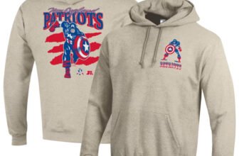 New England Patriots Disney x Champion oatmeal Powerblend hoodie with Captain America, front and back