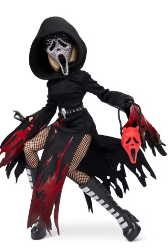 Doll Haus of Dread Scream Limited Edition Bling Ghostface collector doll with rhinestone Ghost Face mask, black hooded dress with red slashes, fishnets, striped boots and red Ghost Face purse
