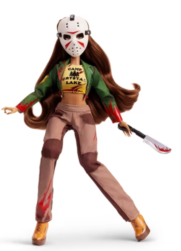 Doll Haus of Dread Friday the 13th Jason collector doll with hockey mask, Camp Crystal Lake crop top, green camp jacket and machete purse