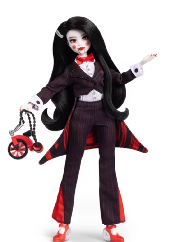 Doll Haus of Dread Saw collector doll inspired by Billy the Puppet, with pinstripe tuxedo, red bow tie and red tricycle purse