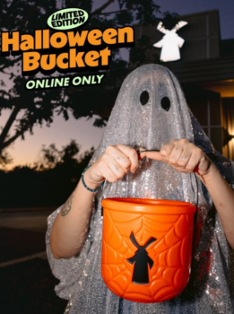 Dutch Bros limited-edition orange spiderweb Halloween bucket with windmill logo