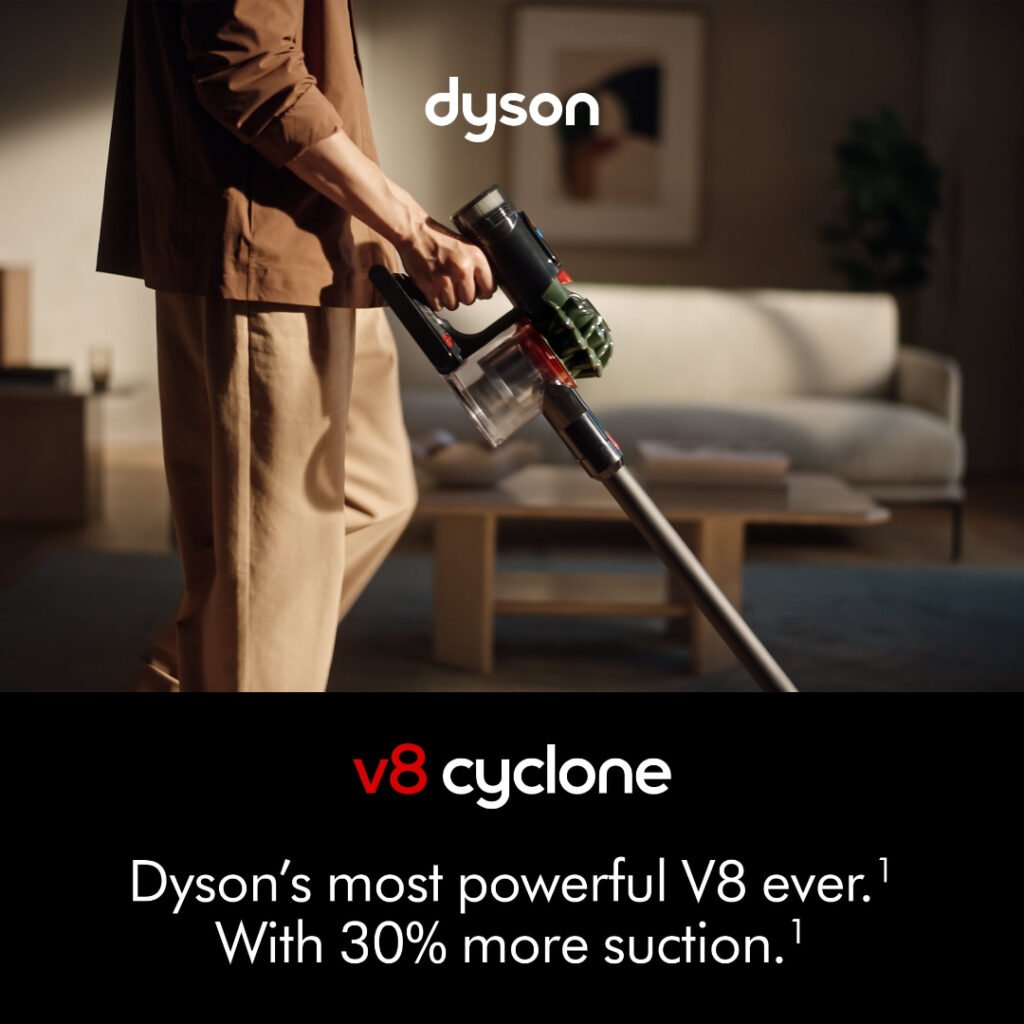 Dyson V8 Cyclone cordless vacuum promotional lifestyle image