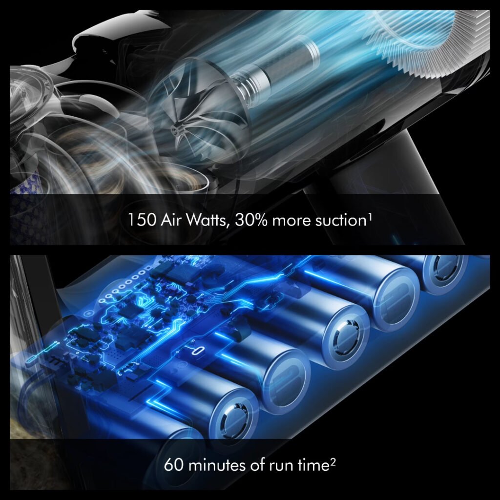 Dyson V8 specs  -  150 Air Watts, 30% more suction, 60 minutes runtime
