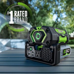 EGO Power+ 400W inverter with 56V battery outdoors at campsite