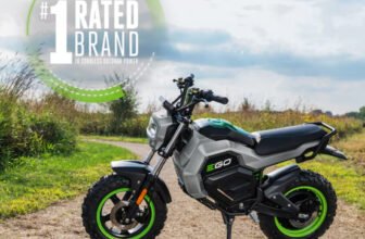 EGO POWER+ 56V Electric Mini Bike MB1000 side view on a dirt trail