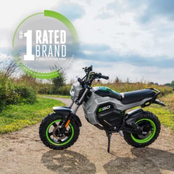 EGO POWER+ 56V Electric Mini Bike MB1000 side view on a dirt trail