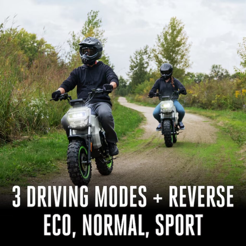 Riders on EGO POWER+ mini bikes showing 3 driving modes plus reverse