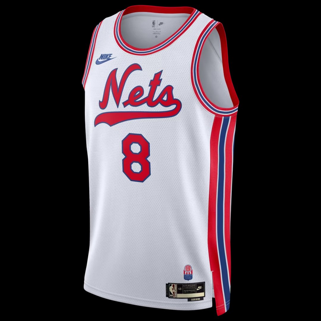 Front of the white Brooklyn Nets Classic Edition Swingman jersey with script Nets and 8
