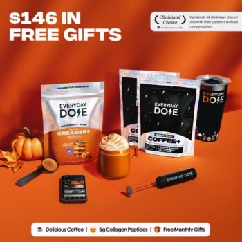 Everyday Dose Medium Roast Coffee with free starter kit and Pumpkin Spice Creamer on an orange background