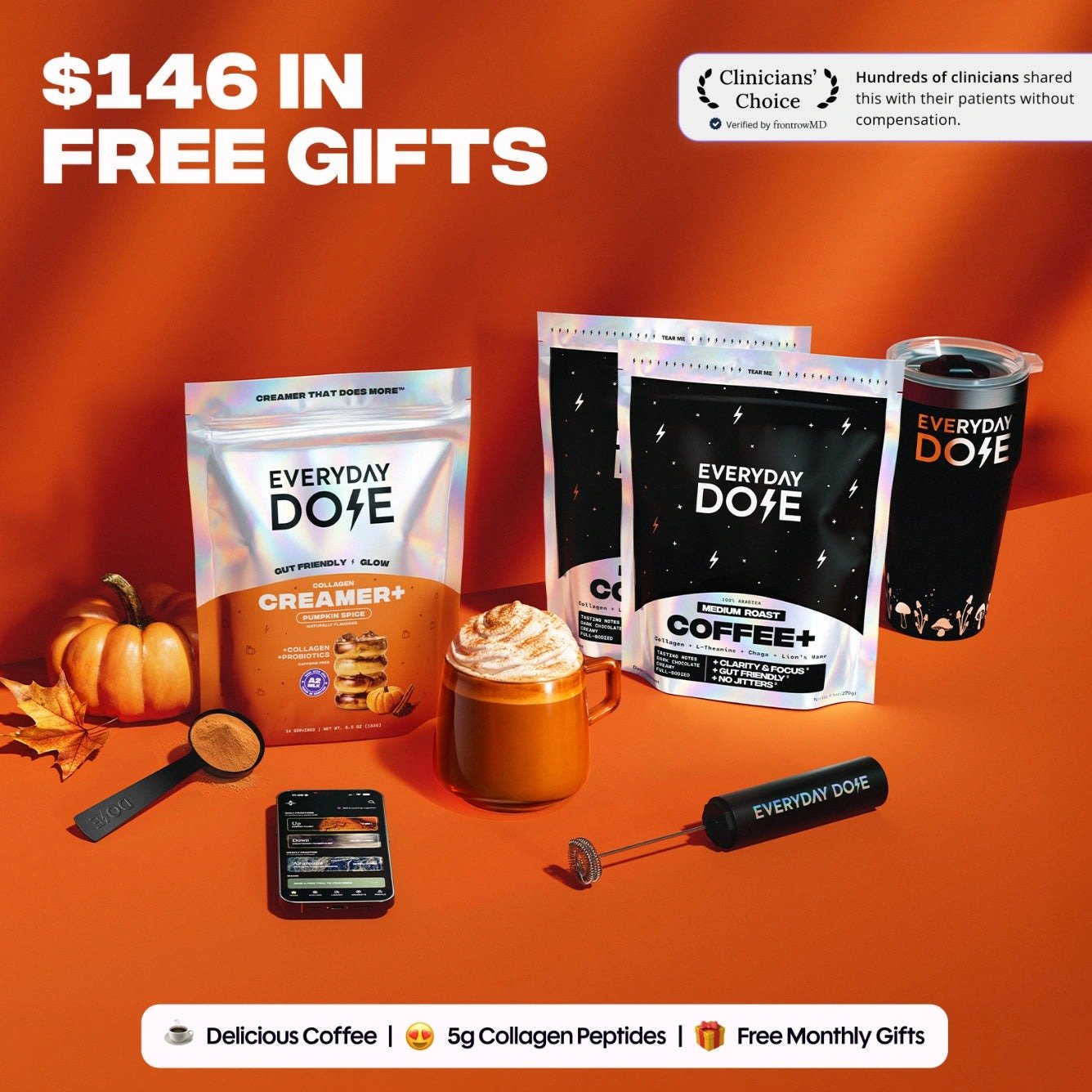 Everyday Dose Medium Roast Coffee with free starter kit and Pumpkin Spice Creamer on an orange background