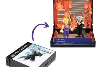 Console Heroes Final Fantasy VII Burning at Nibelheim diorama, a PlayStation disc case that flips open into a Cloud and Sephiroth flame scene