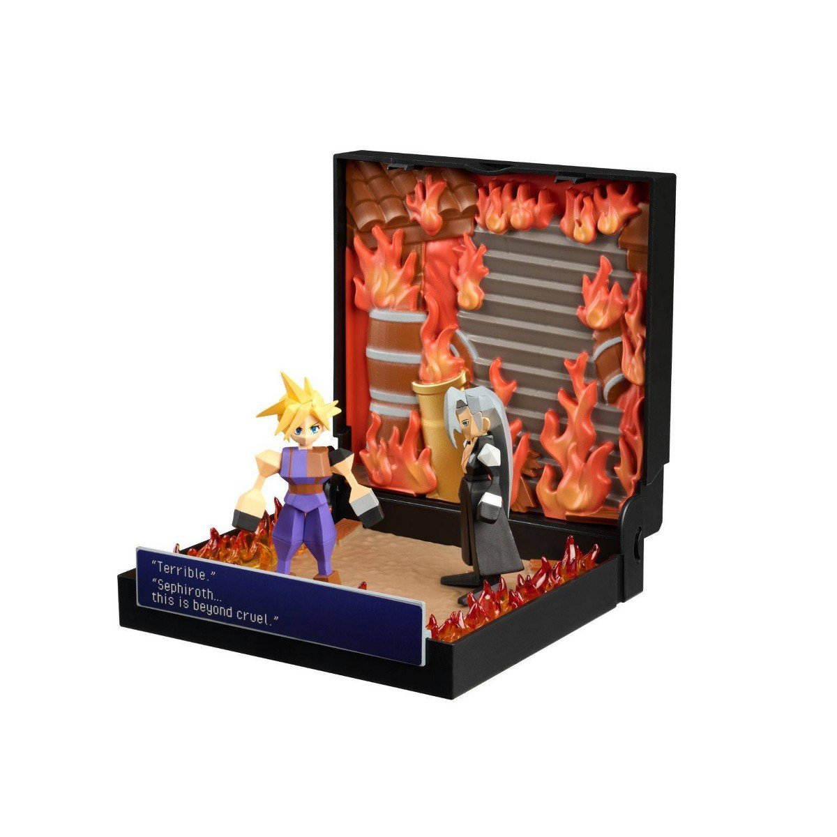 Close-up of the Nibelheim fire diorama with Cloud and Sephiroth figures