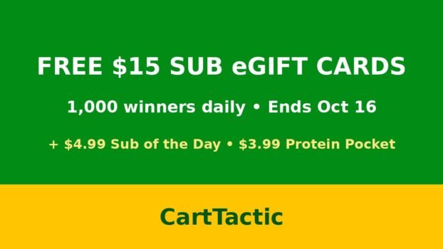 Free $15 sub eGift card giveaway graphic by CartTactic