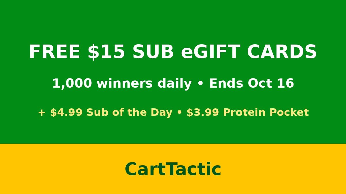 Free $15 sub eGift card giveaway graphic by CartTactic