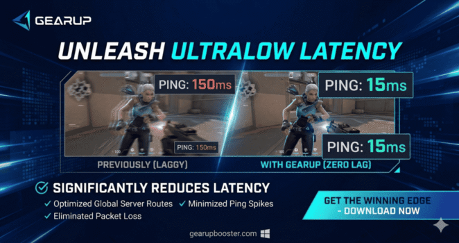 GearUP game booster banner showing lower ping