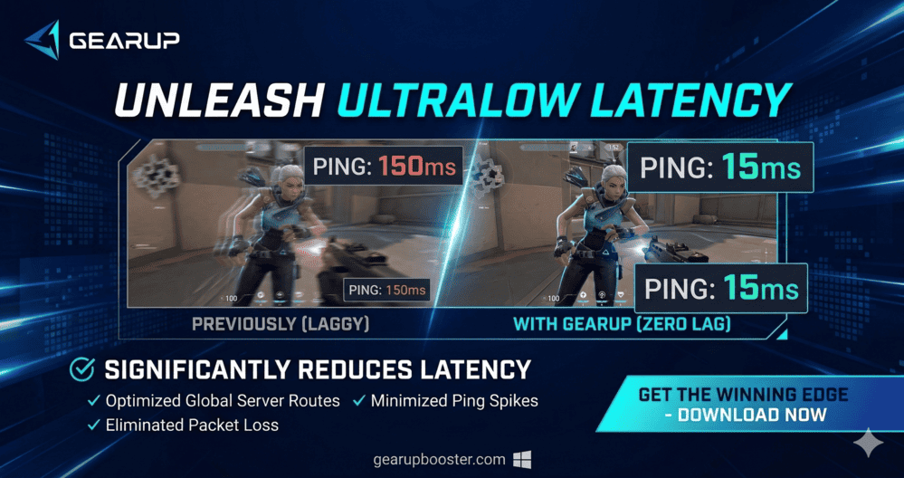 GearUP game booster banner showing lower ping