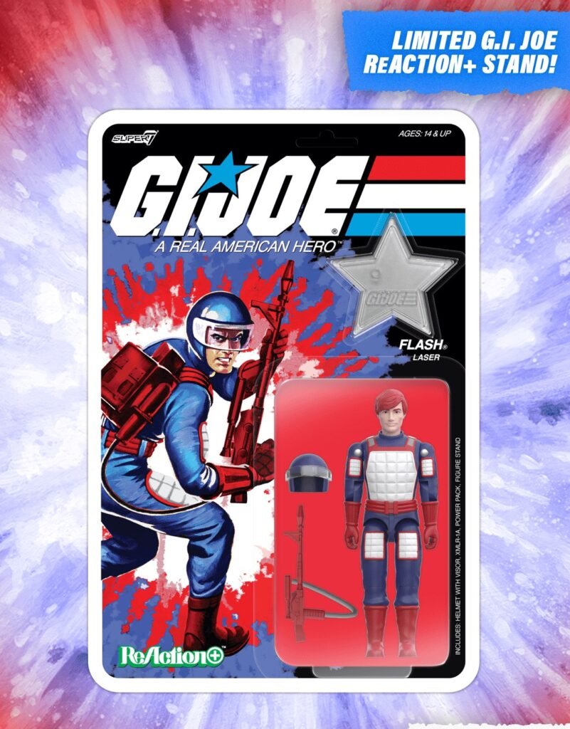 Super7 G.I. Joe ReAction+ 250th Wave 08b Flash figure on its card with helmet, laser rifle, power pack and limited G.I. Joe star stand