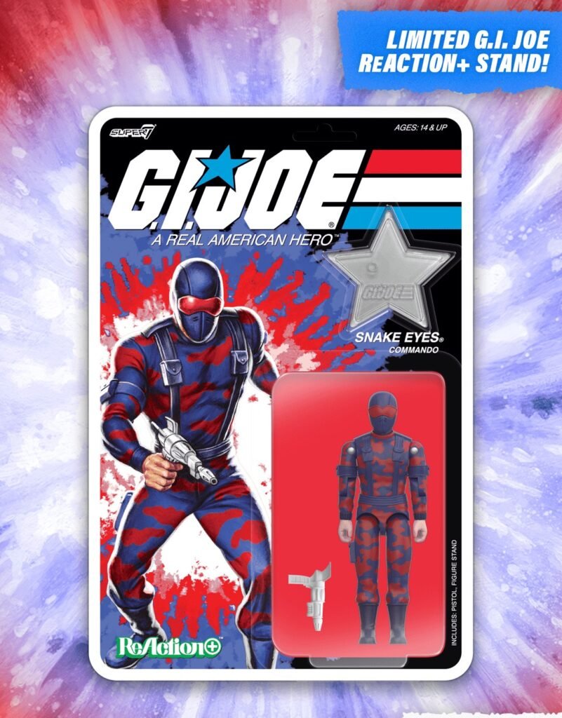 Super7 G.I. Joe ReAction+ 250th Wave 08b Snake Eyes commando figure in red and blue camo on its card with pistol and limited star stand