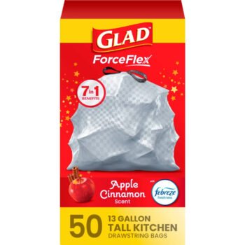 Glad ForceFlex Tall Kitchen Drawstring Trash Bags Apple Cinnamon with Febreze freshness 50 count