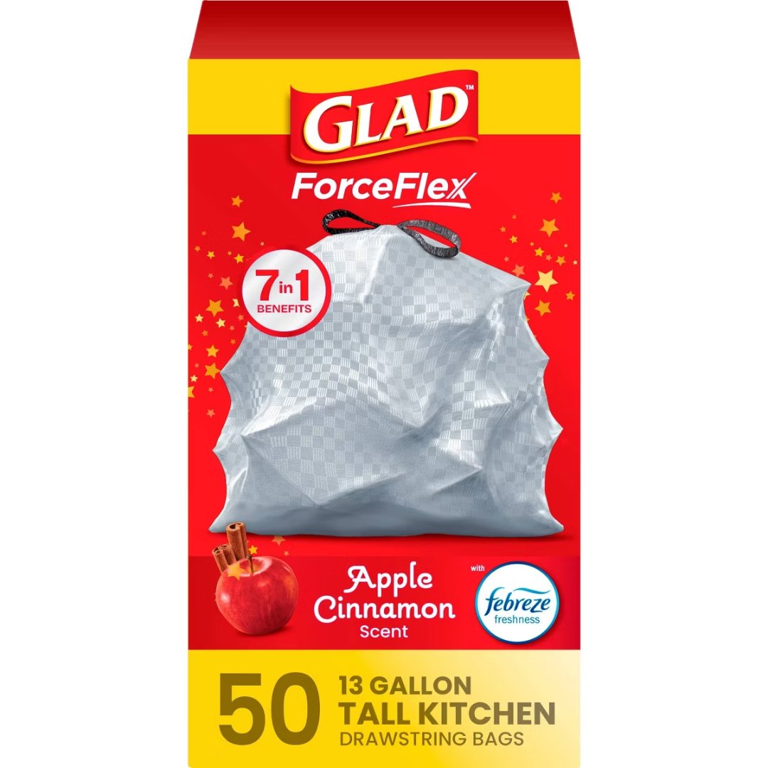 Glad ForceFlex Tall Kitchen Drawstring Trash Bags Apple Cinnamon with Febreze freshness 50 count