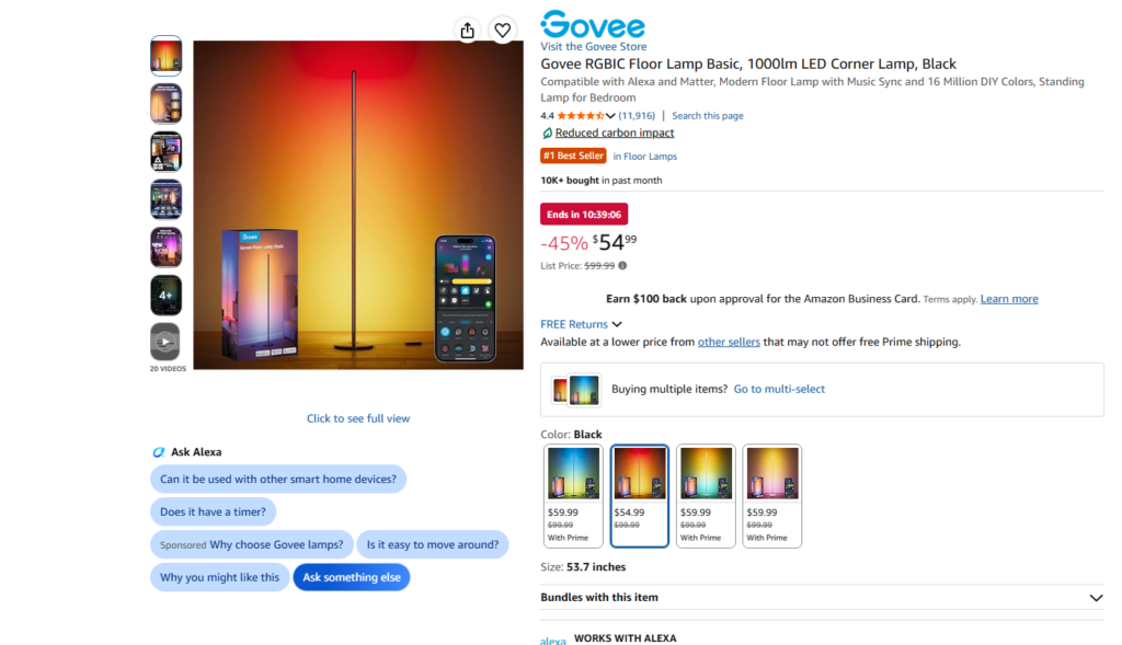 Govee RGBIC Floor Lamp Basic black 1000lm LED corner lamp Amazon listing with packaging and app