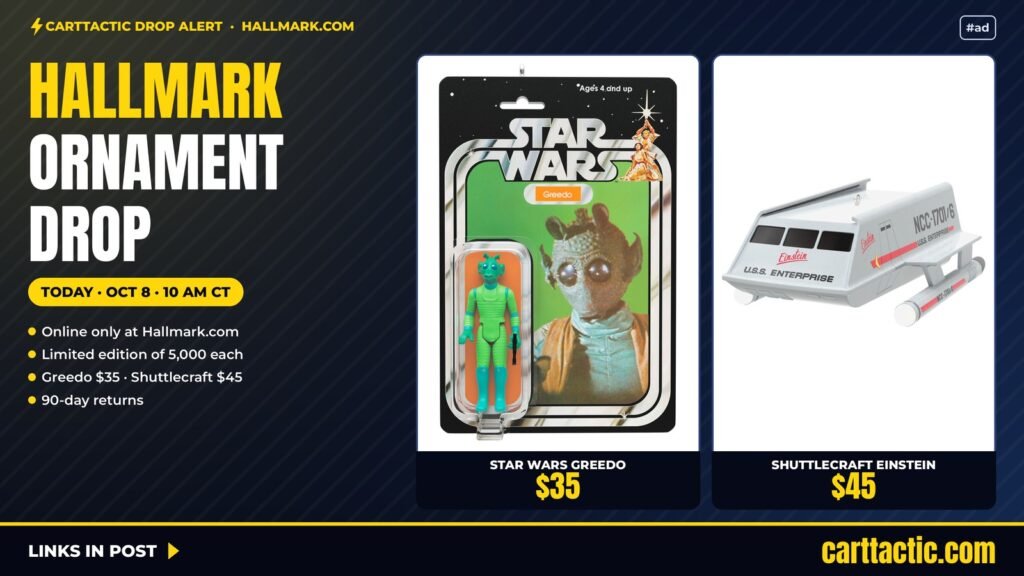 CartTactic deal card for the Hallmark Greedo and Star Trek Shuttlecraft Einstein ornament drop, today at 10 AM CT