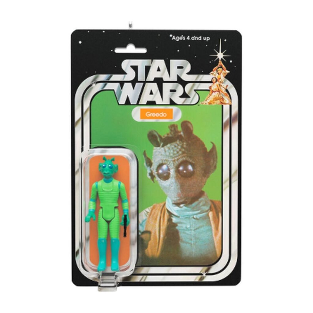Hallmark Keepsake Star Wars Greedo Vintage Figure Ornament on a retro carded backer