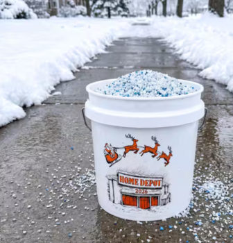 Home Depot 2 Gal. White Holiday Bucket 2026 with Santa/reindeer art filled with ice melt