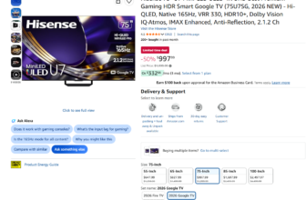 Hisense 75" U7 Series Mini-LED ULED 4K Google TV (75U7SG) Amazon product page at $997.99