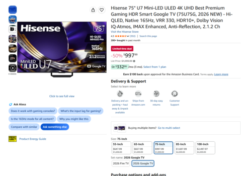 Hisense 75" U7 Series Mini-LED ULED 4K Google TV (75U7SG) Amazon product page at $997.99