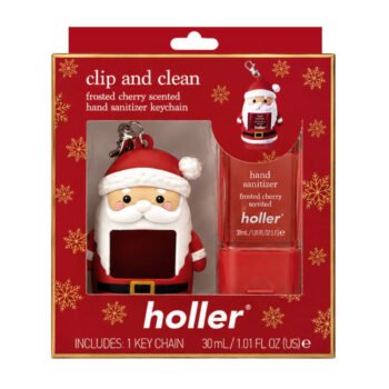 Holler Santa clip and clean frosted cherry scented hand sanitizer keychain in its holiday gift box