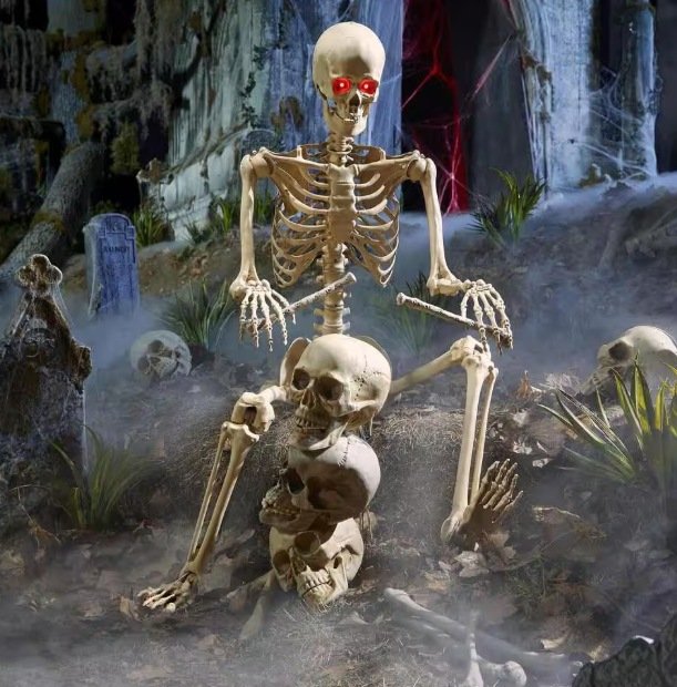 Home Depot 5 ft LED Pose-N-Stay Skeleton with red light-up eyes