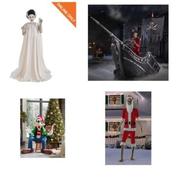 Home Depot animated holiday restock: Bride of Frankenstein, Pirate Ship, Holiday Goofy, Skelly Santa Outfit
