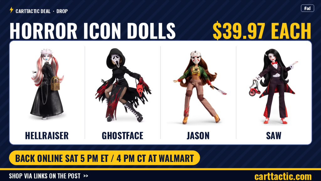 Doll Haus of Dread Hellraiser, Ghostface, Jason and Saw horror collector dolls, $39.97 each at Walmart, back online Saturday Oct 10 at 5 PM ET / 4 PM CT
