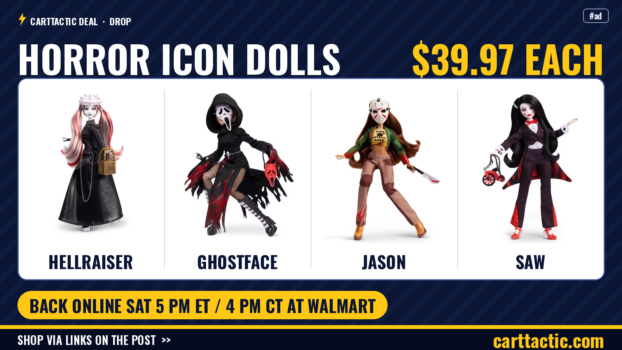 Doll Haus of Dread Hellraiser, Ghostface, Jason and Saw horror collector dolls, $39.97 each at Walmart, back online Saturday Oct 10 at 5 PM ET / 4 PM CT