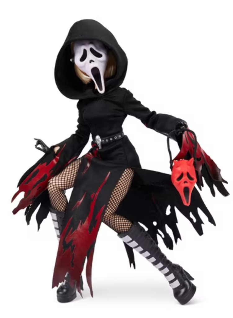 Doll Haus of Dread Scream Ghostface collector doll in a black hood with torn red-slashed hem, fishnets and a red Ghost Face purse