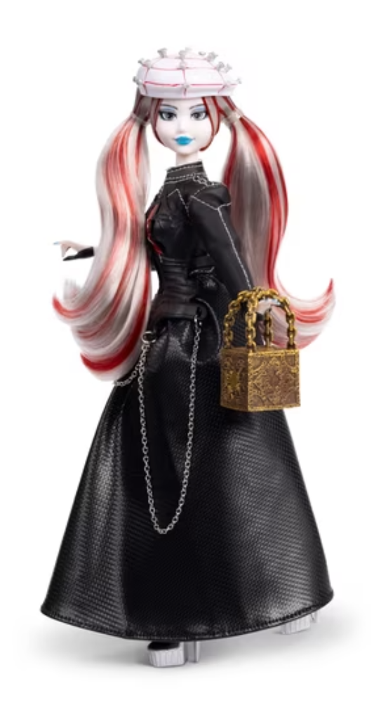 Doll Haus of Dread Hellraiser collector doll with pin headpiece, black corset gown, chains and golden puzzle-box handbag