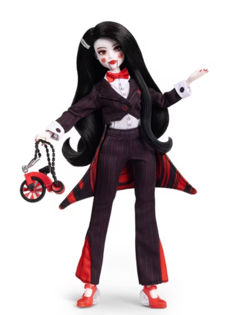 Doll Haus of Dread Saw collector doll inspired by Billy the Puppet in a pinstripe tuxedo with a red tricycle purse
