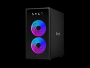 HP OMEN 35L gaming desktop front panel with two RGB fans