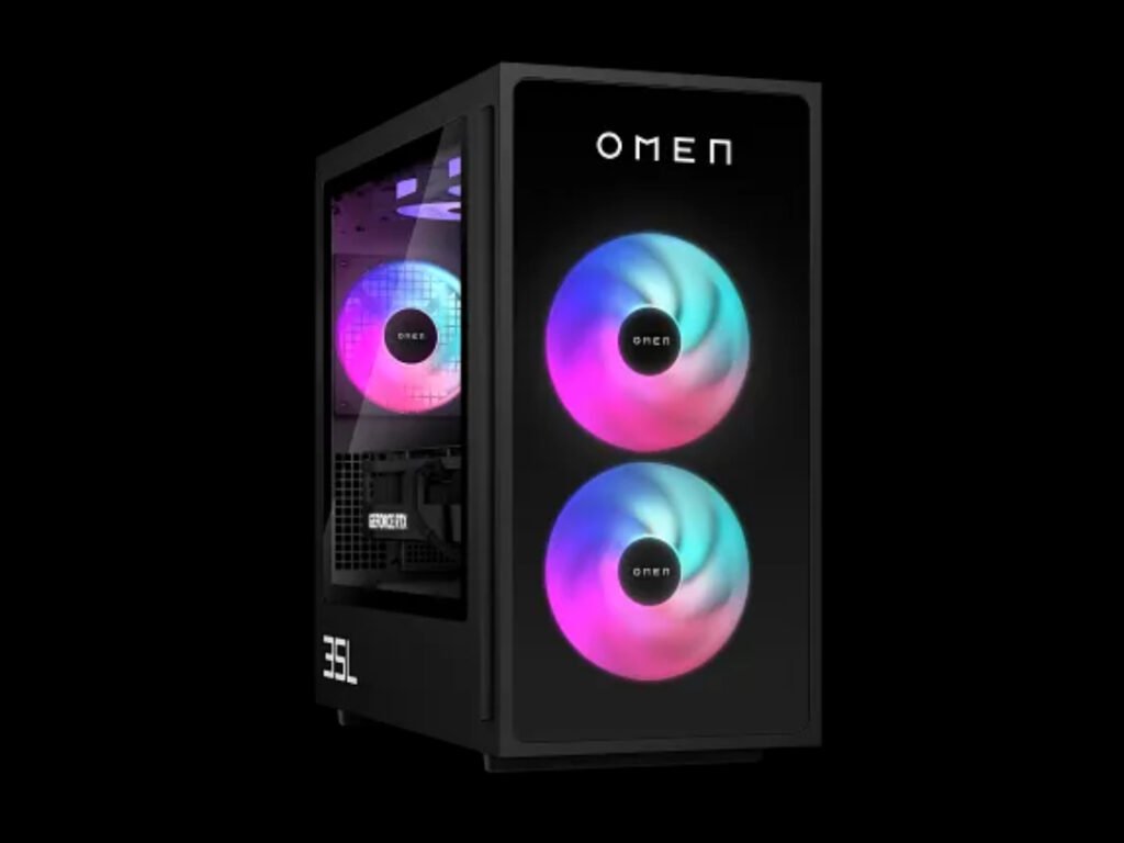HP OMEN 35L gaming desktop angled view with RGB front fans and tempered glass side panel